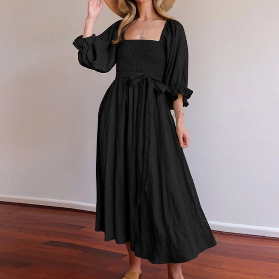 French Ruffled Lantern Sleeves Multi-wear Dress Green