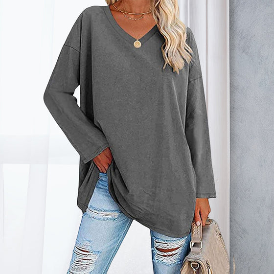 Damen Lockeres langärmeliges modisches V-Ausschnitt T-Shirt