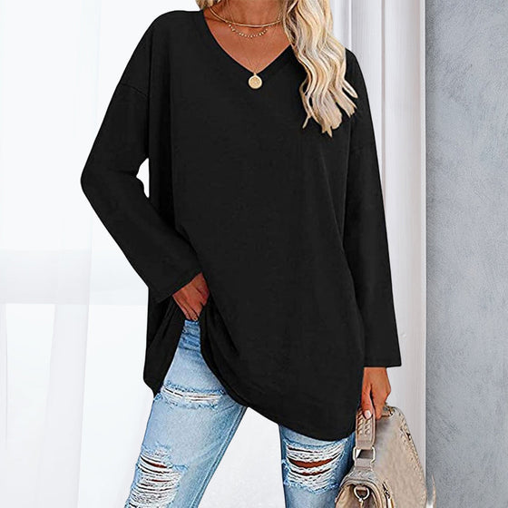 Damen Lockeres langärmeliges modisches V-Ausschnitt T-Shirt