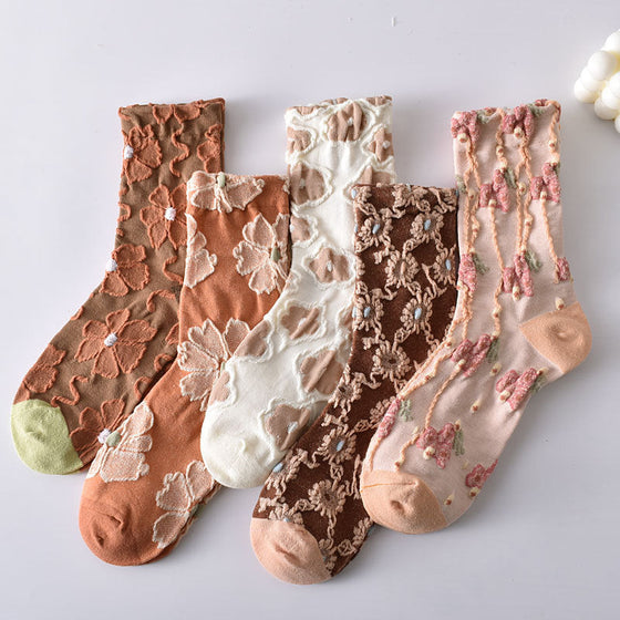 Elegante Baumwollsocken mit geprägtem Blumenmuster, 10 Paar