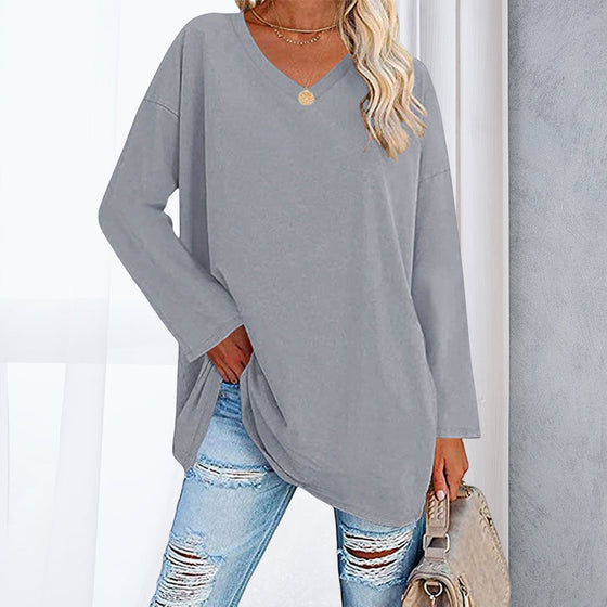 Damen Lockeres langärmeliges modisches V-Ausschnitt T-Shirt