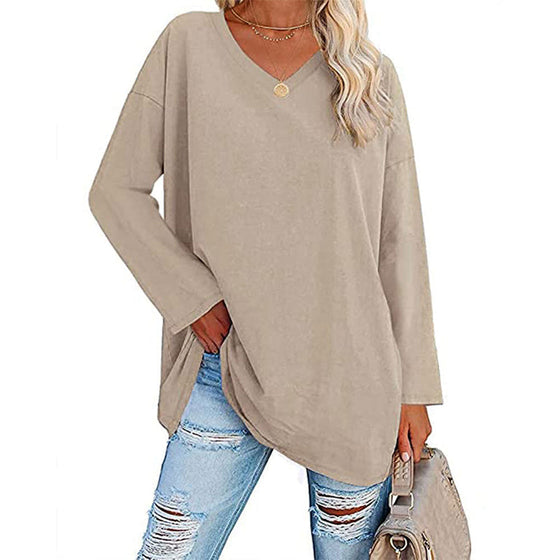 Damen Lockeres langärmeliges modisches V-Ausschnitt T-Shirt